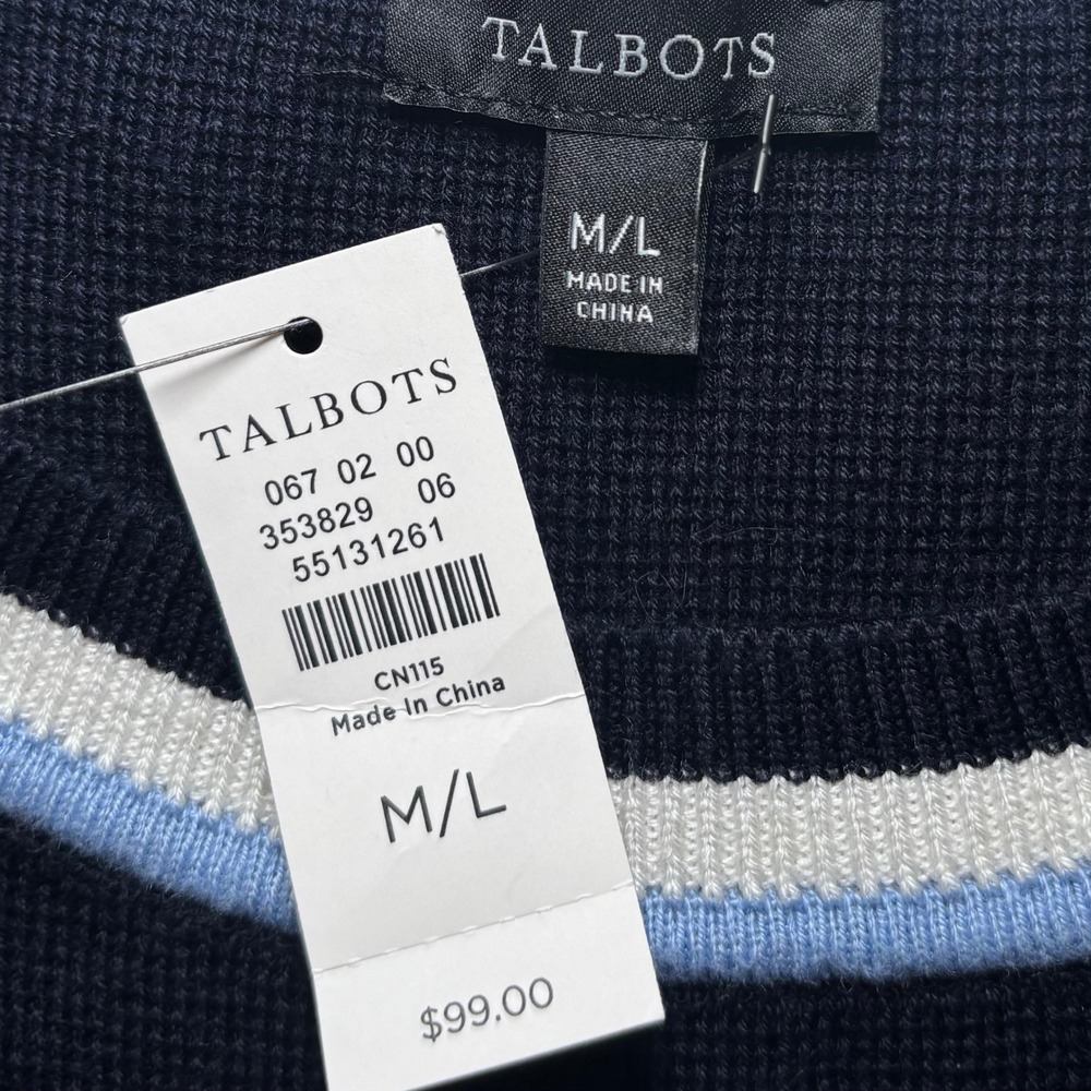 Talbots NWT Navy Blue Crewneck Heavy Knit Poncho M/L Medium Large Striped‎ - Picture 4 of 7